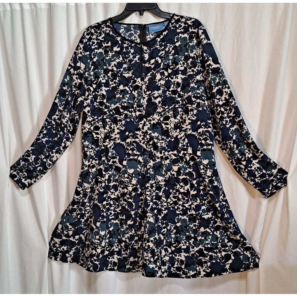Vera Wang Dress Floral Print Blue Black White Long Sleeve Round Neck Sheath  XL